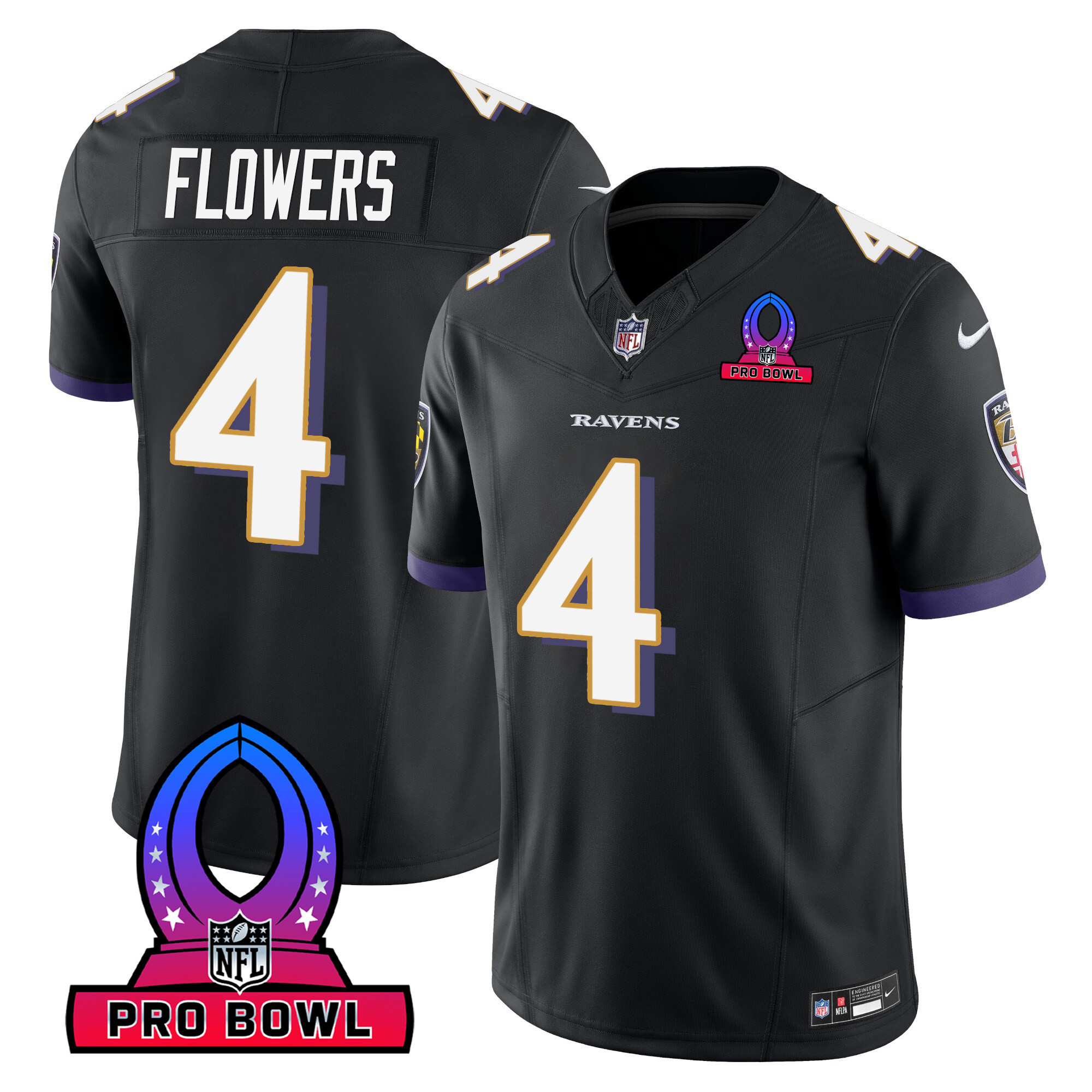 Zay Flowers Men's Baltimore Ravens 2024 Pro Bowl Patch Vapor Black Jersey All Stitched