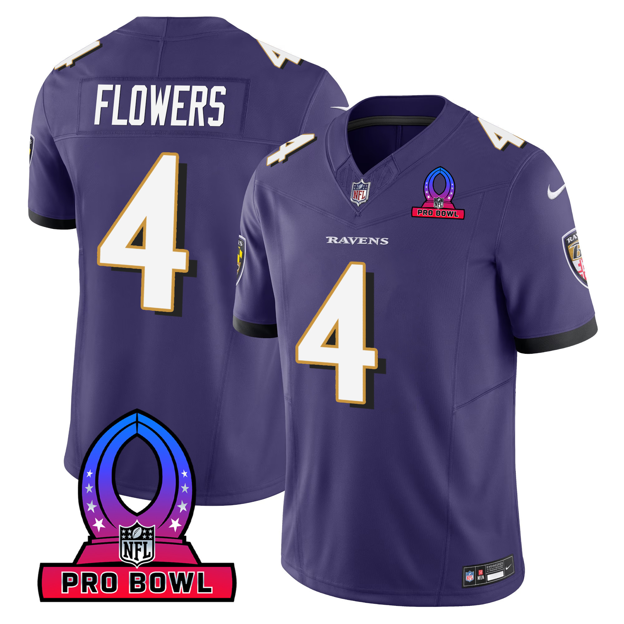 Zay Flowers Men's Baltimore Ravens 2024 Pro Bowl Patch Vapor Purple Jersey All Stitched