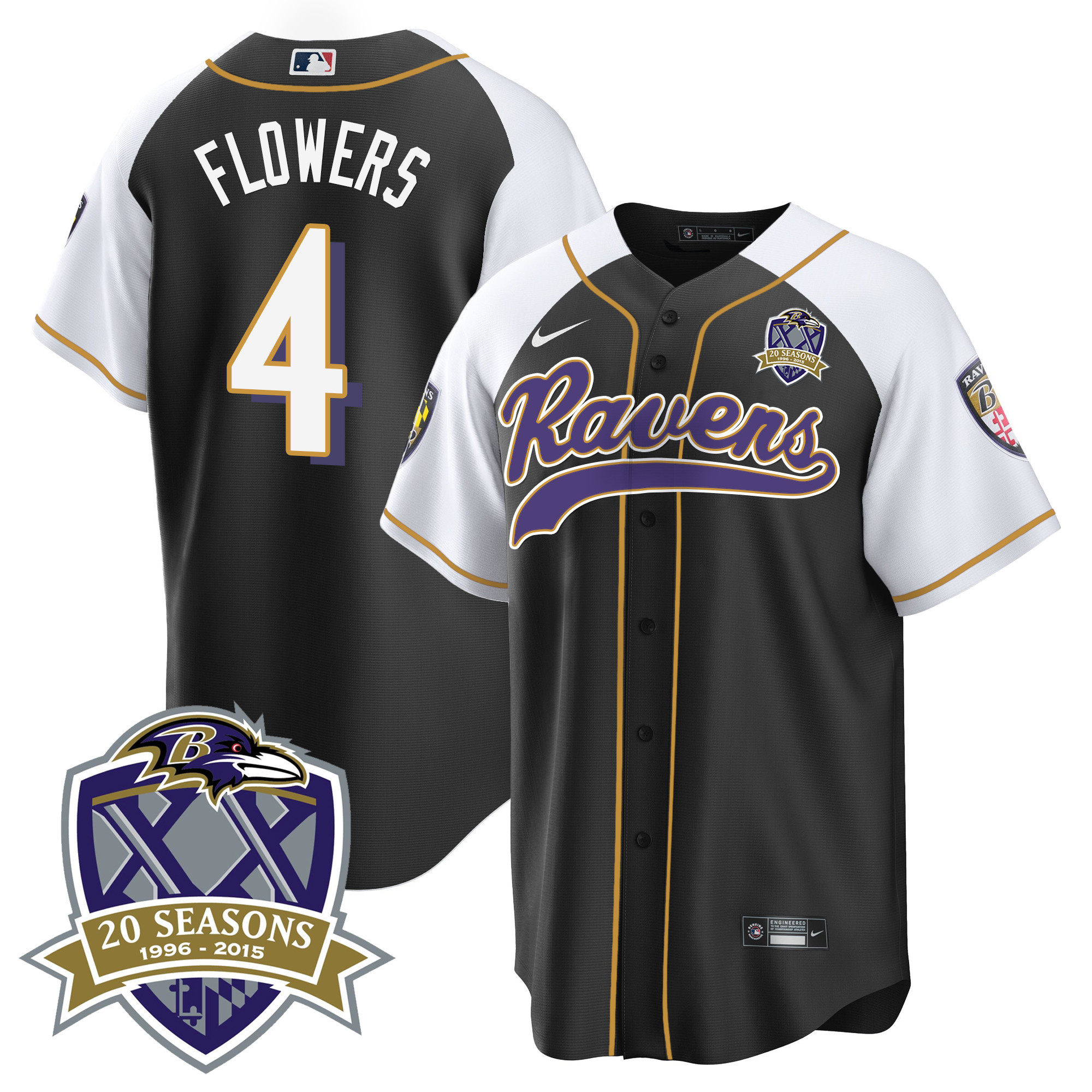 Zay Flowers Men's Baltimore Ravens 20Th Season Patch Baseball Black Alternate Jersey All Stitched