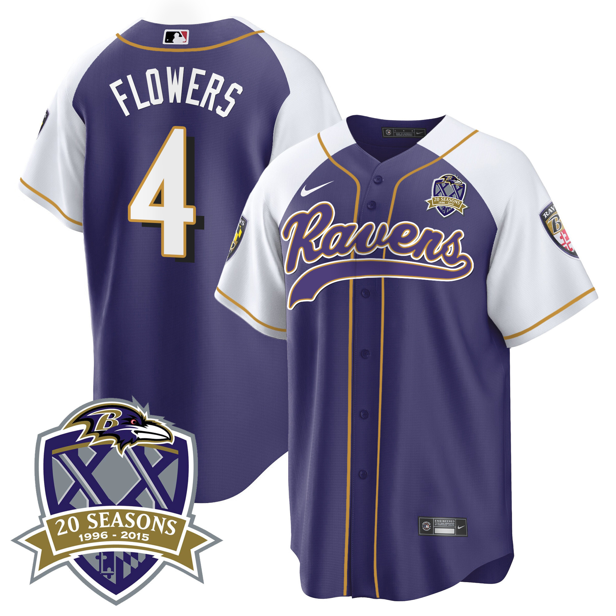 Zay Flowers Men's Baltimore Ravens 20Th Season Patch Baseball Purple Alternate Jersey All Stitched
