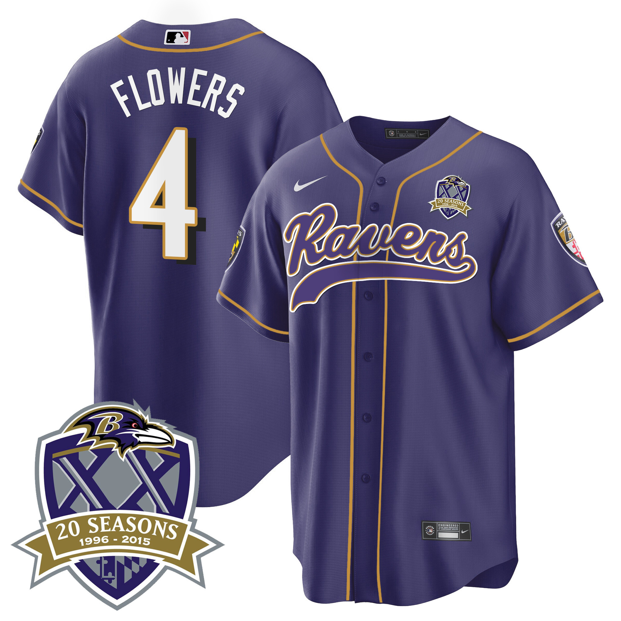 Zay Flowers Men's Baltimore Ravens 20Th Season Patch Baseball Purple Jersey All Stitched