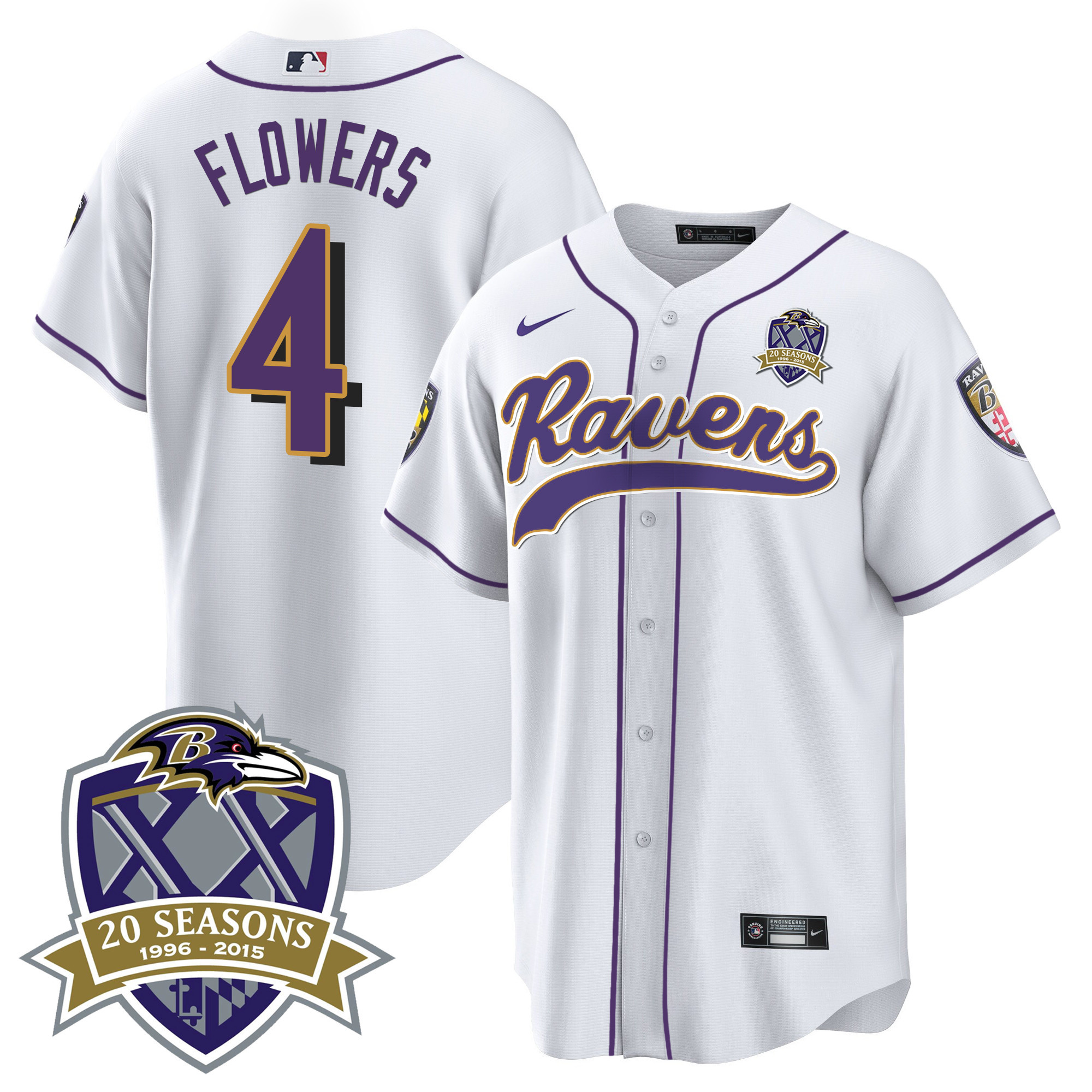 Zay Flowers Men's Baltimore Ravens 20Th Season Patch Baseball White Jersey All Stitched