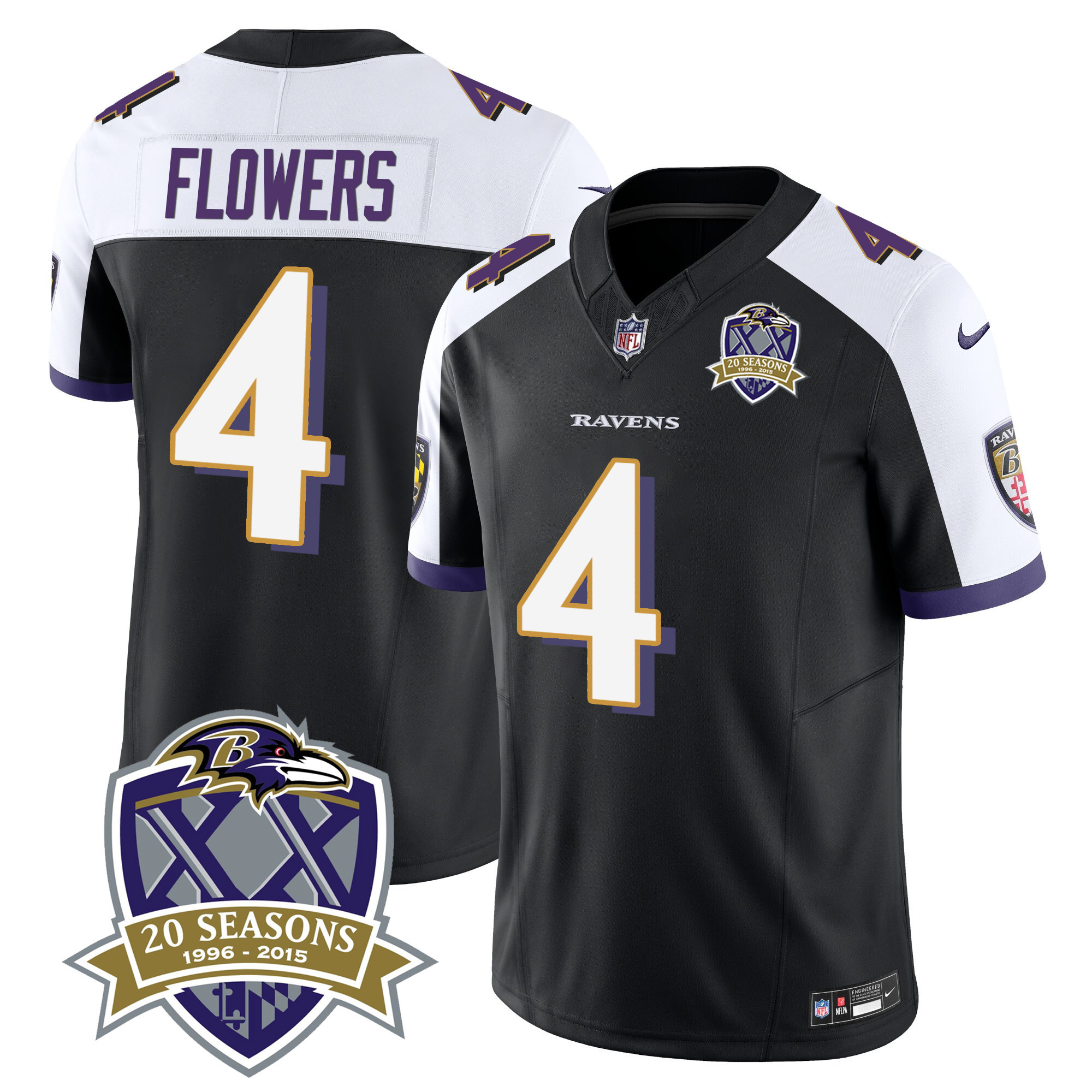Zay Flowers Men's Baltimore Ravens 20Th Season Patch Vapor Limited Black Alternate Jersey All Stitched