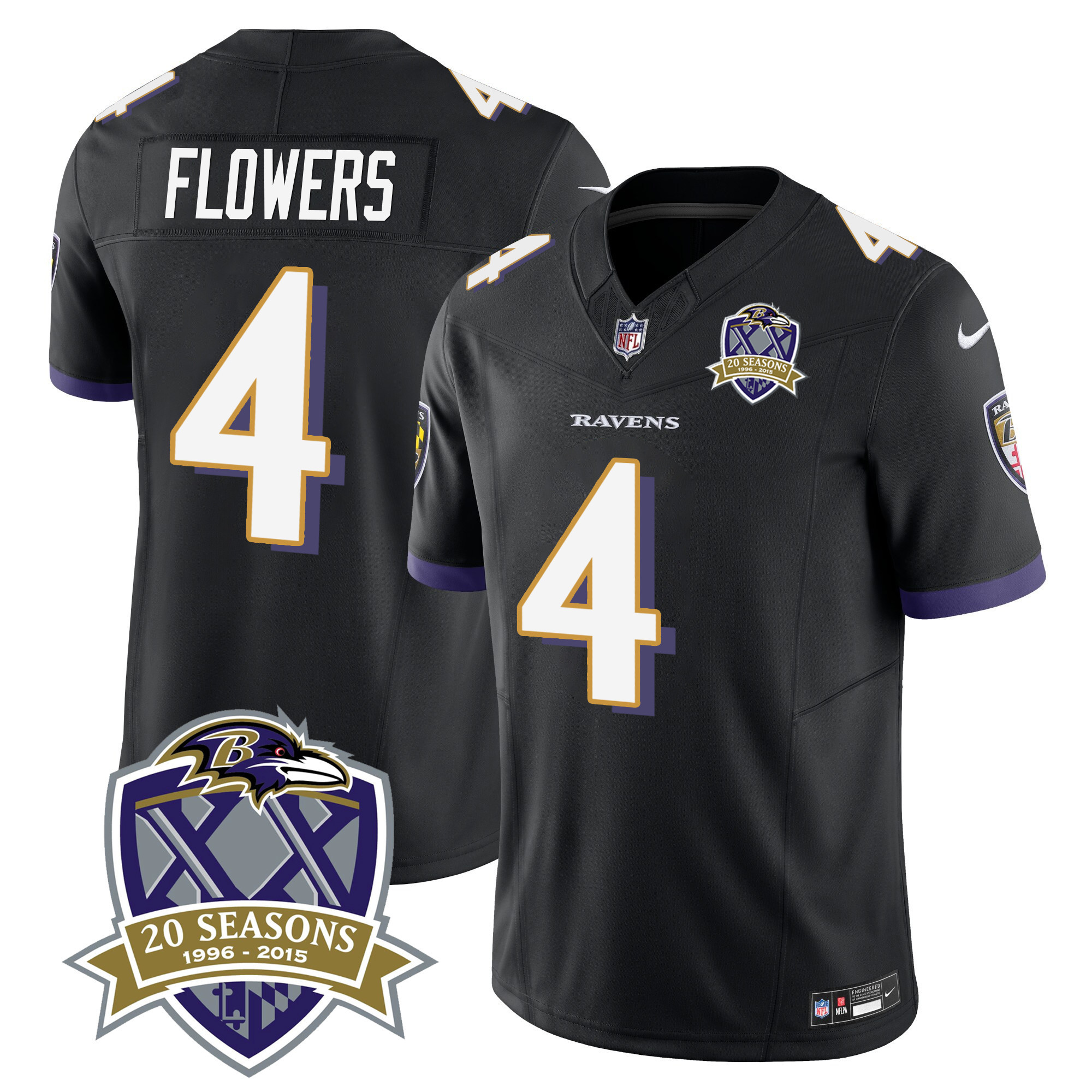 Zay Flowers Men's Baltimore Ravens 20Th Season Patch Vapor Limited Black Jersey All Stitched