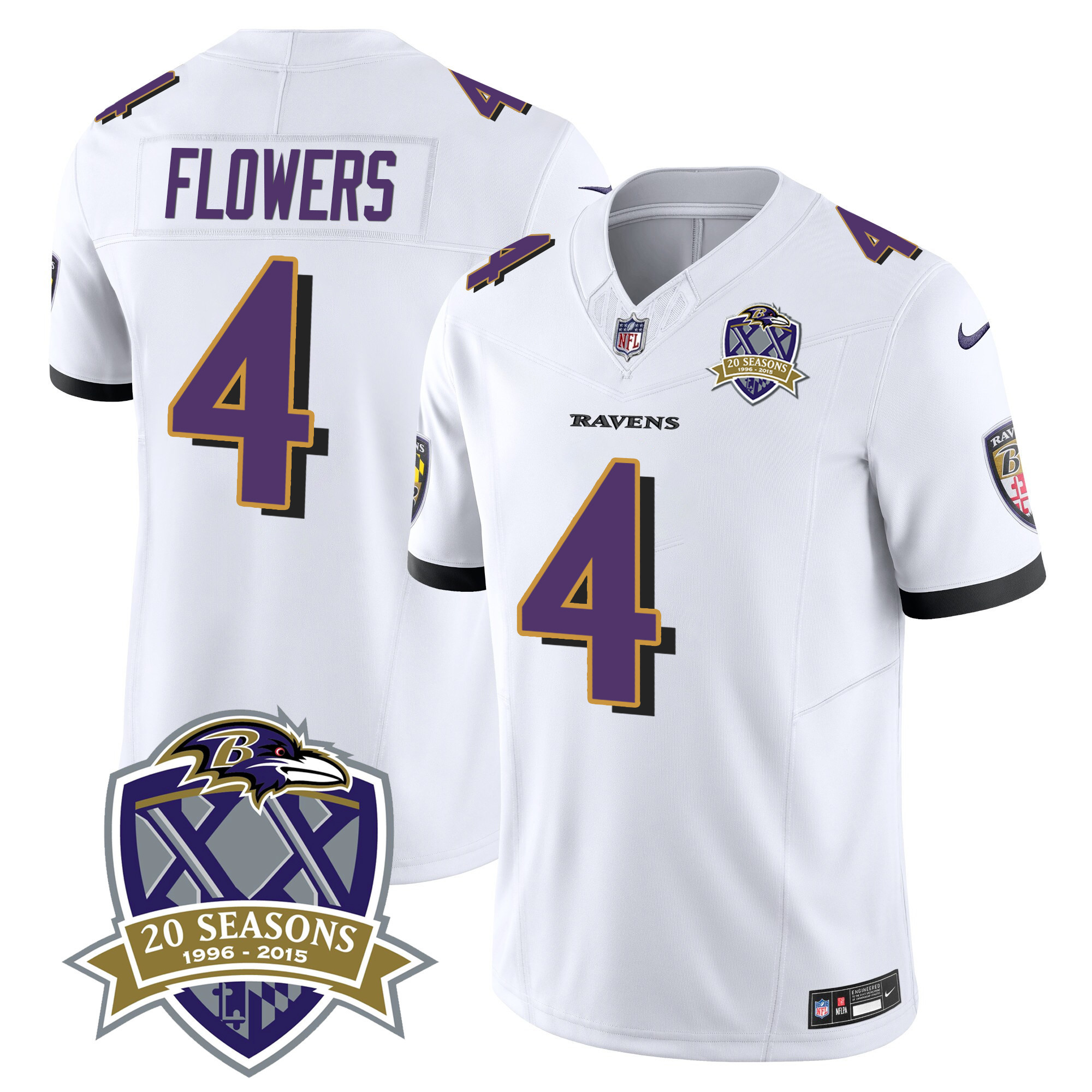 Zay Flowers Men's Baltimore Ravens 20Th Season Patch Vapor Limited White Jersey All Stitched