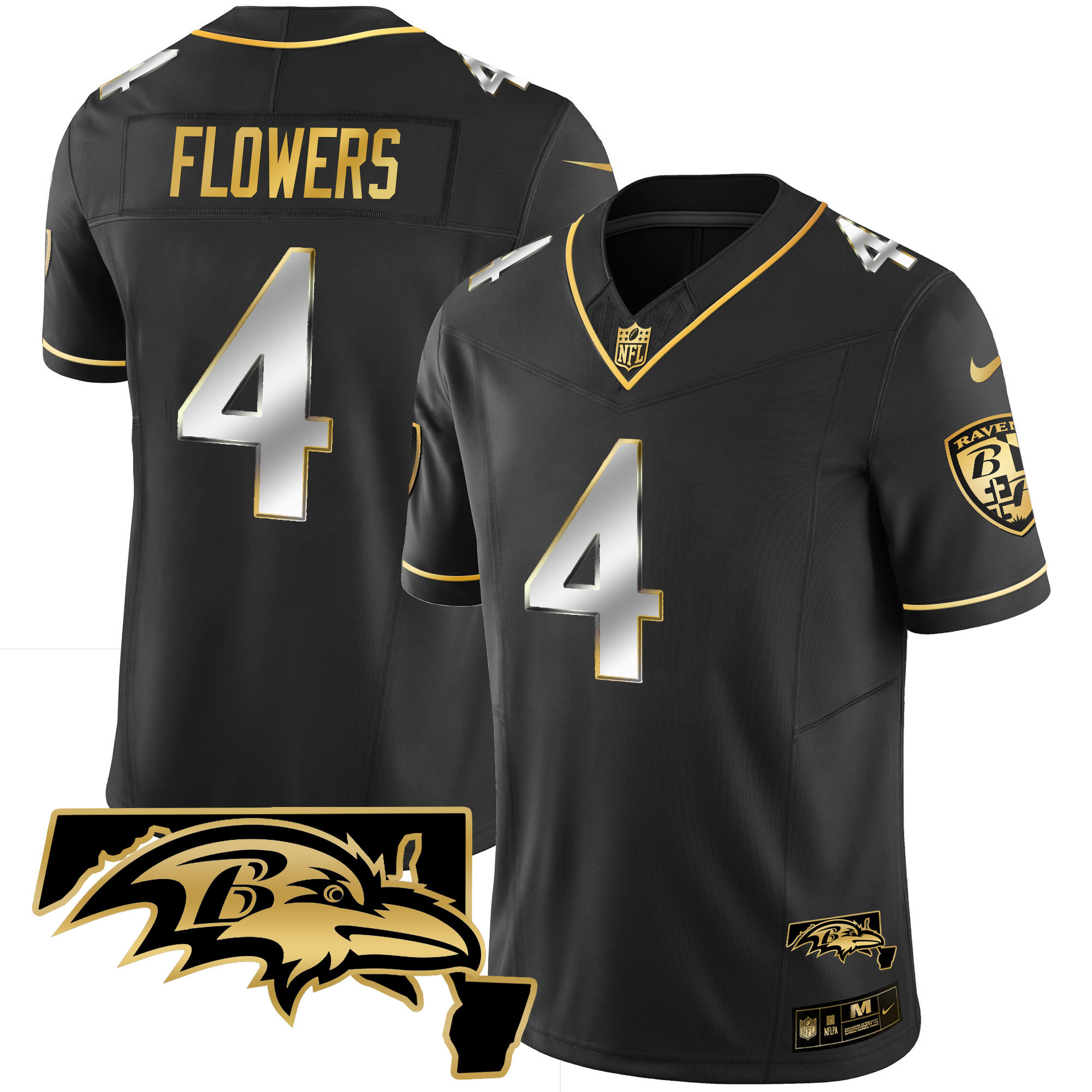 Zay Flowers Men's Baltimore Ravens Maryland Patch Vapor Gold Black Limited Jersey All Stitched
