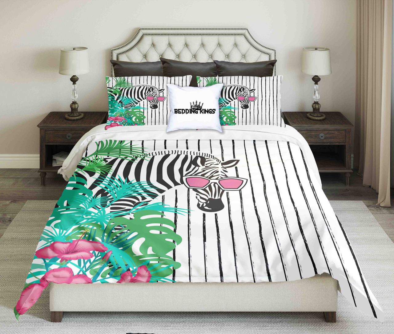 Zebra In Flowers Ontriped Background Kings 3D Customized Duvet Cover Bedding Set