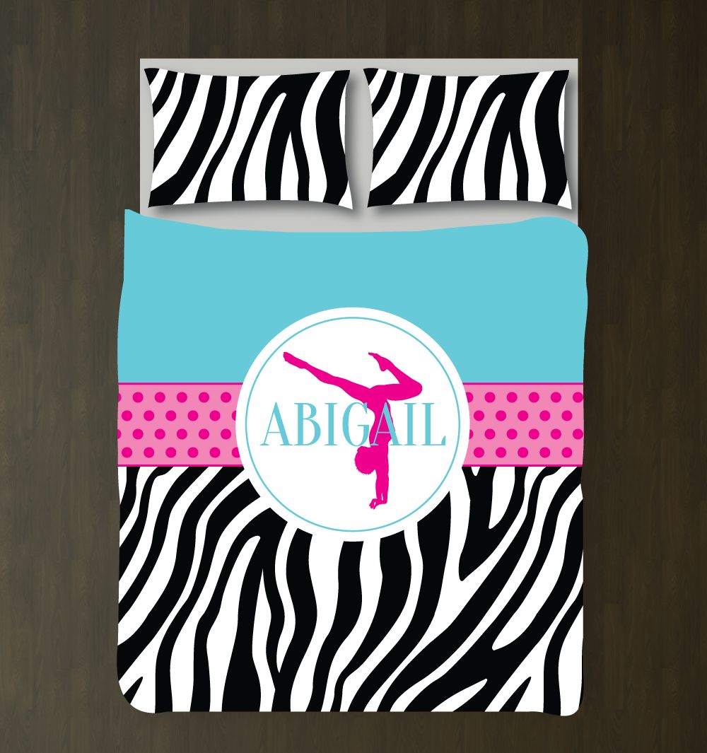 Zebra Print Gymnastics Customized Black, White, Aqua And Hot Pink Duvet Cover Bedding Set